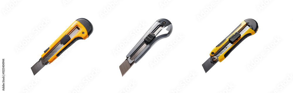 Three utility knives with yellow and grey handles are displayed against a white background. The blades are retractable and the knives have a textured grip. Three utility knives with yellow and grey handles are displayed against a white background. The blades are retractable and the knives have a textured grip.