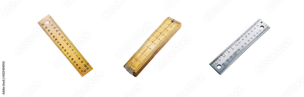 Three different rulers, one wooden, one plastic and one metal, are displayed on a white background. Three different rulers, one wooden, one plastic and one metal, are displayed on a white background.