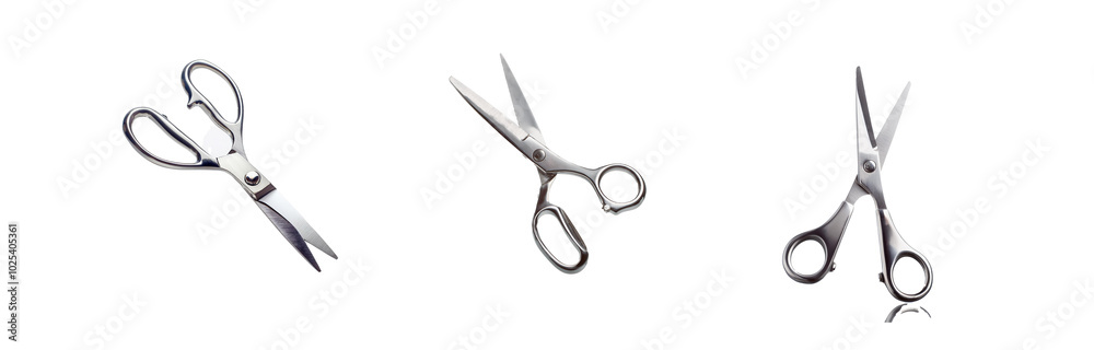 Three pairs of shiny, silver scissors with white background. Three pairs of shiny, silver scissors with white background.