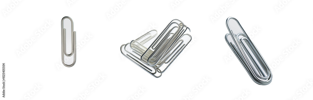 Three silver paper clips, one standing vertically, one horizontally, and one stacked. Three silver paper clips, one standing vertically, one horizontally, and one stacked.
