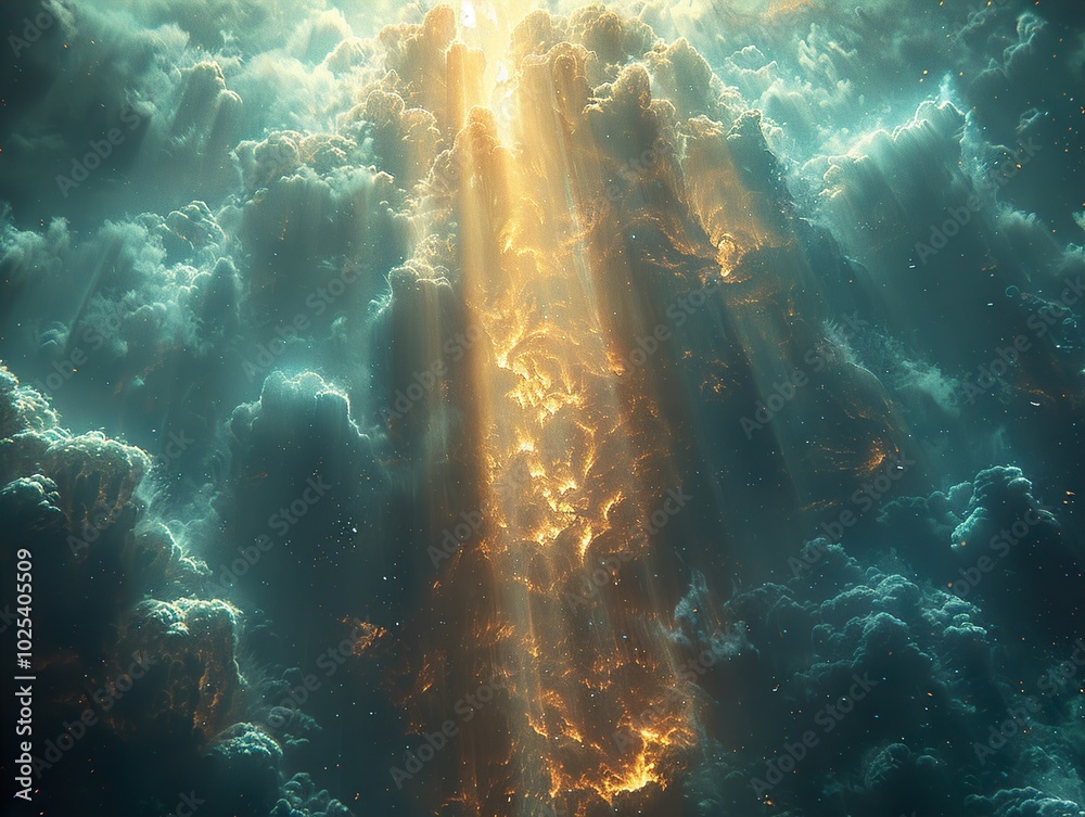 Obraz premium Golden Rays of Light Through Teal Clouds - Abstract Cosmic Landscape