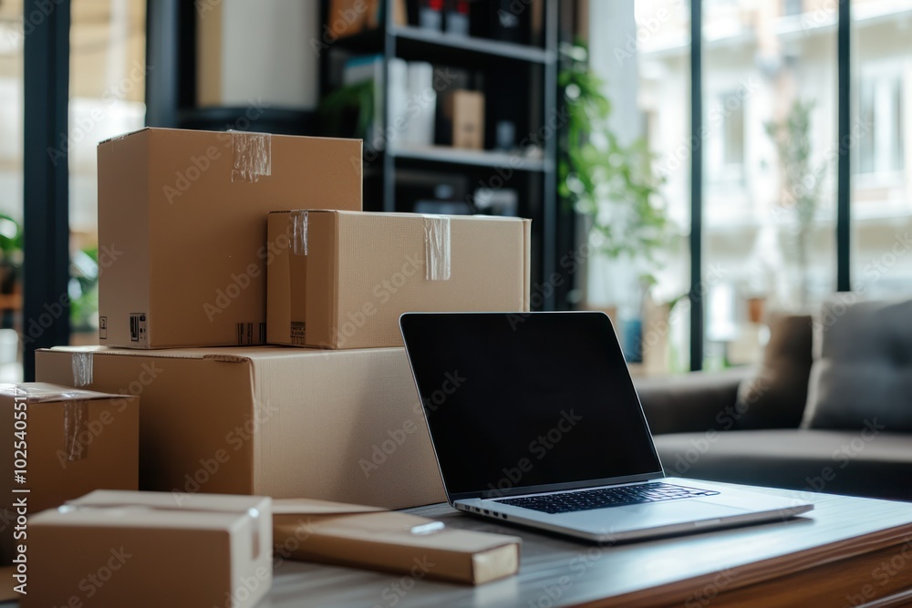 Modern Workspace with Cardboard Packages and Laptop Modern Workspace with Cardboard Packages and Laptop