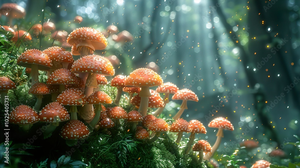 Enchanted Forest: A Cluster of Red Mushrooms in a Sunlit Grove Enchanted Forest: A Cluster of Red Mushrooms in a Sunlit Grove