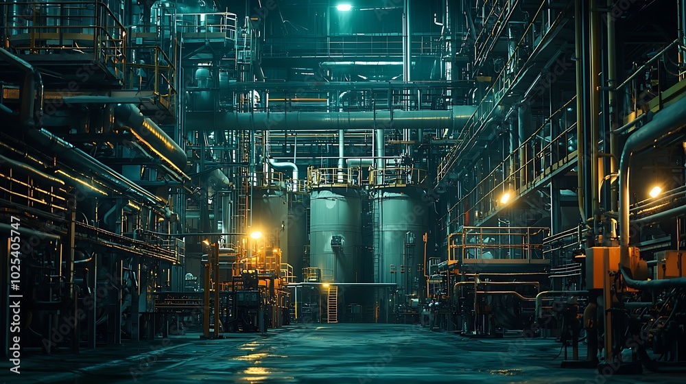 Fototapeta premium Industrial Plant Interior with Pipes Catwalks and Tanks at Night