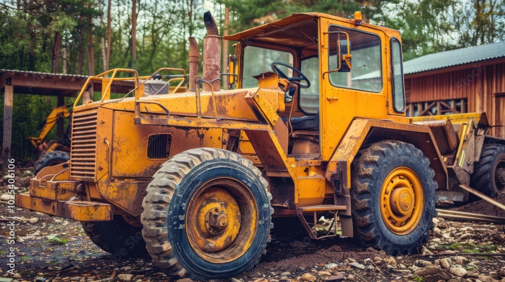 Yellow Construction Tractor in Forest Setting Yellow Construction Tractor in Forest Setting