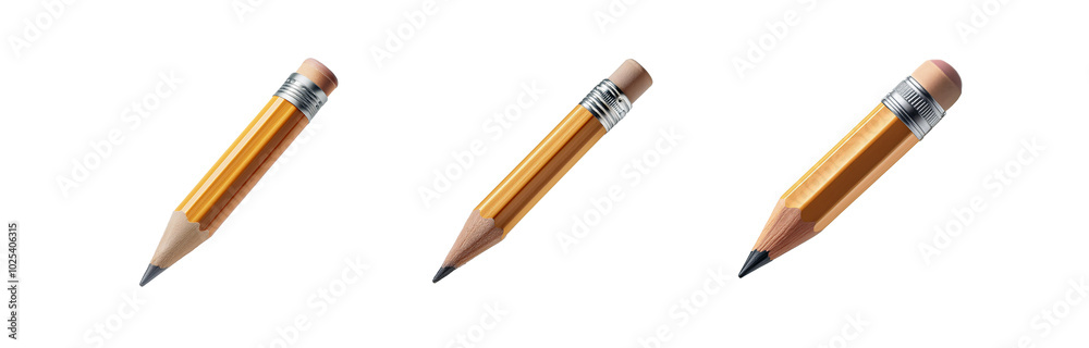 Three yellow pencils with pink erasers and silver bands lie against a white background.