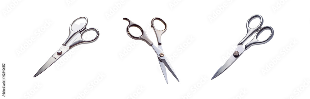 Three pairs of silver scissors isolated on white background, each in a different position. Three pairs of silver scissors isolated on white background, each in a different position.