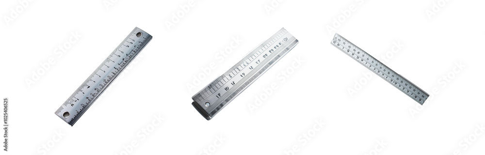 Three metal rulers are shown, angled and partially obscured, against a white background. Three metal rulers are shown, angled and partially obscured, against a white background.