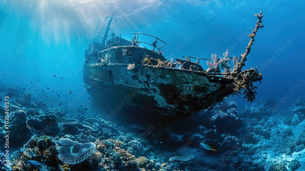 Abandoned Shipwreck Surrounded by Coral Reef Abandoned Shipwreck Surrounded by Coral Reef