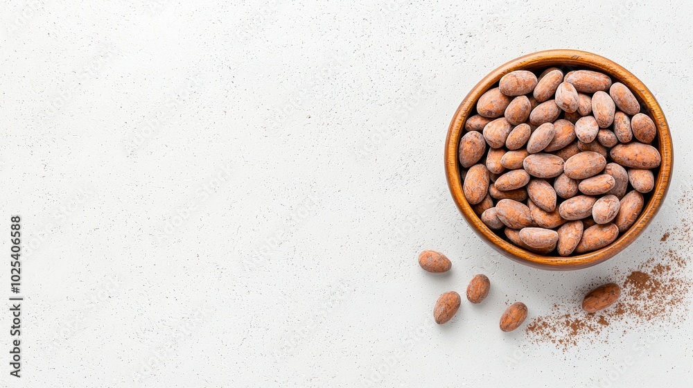 Cocoa Beans in Rustic Wooden Bowl Cocoa Beans in Rustic Wooden Bowl