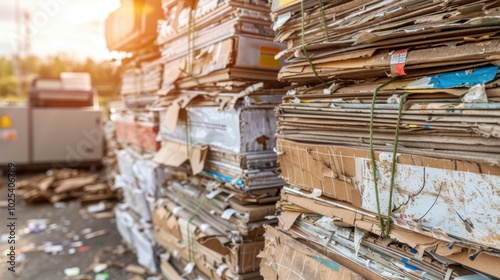 Stacked Cardboard Waste at Recycling Facility