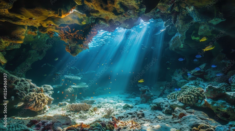 Fototapeta premium Underwater Cave with Sunlight and Colorful Fish