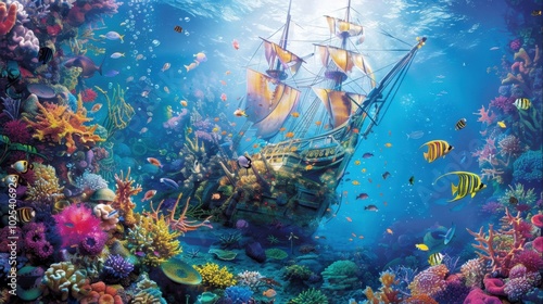 Fototapeta Naklejka Na Ścianę i Meble -  Sunken Ship Among Vibrant Coral Reef