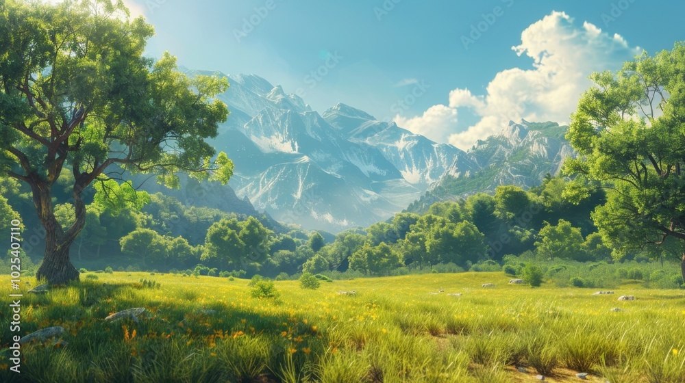 Obraz premium Vibrant Mountain Landscape with Lush Greenery