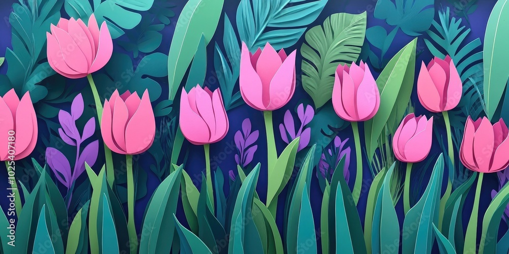 Pink tulips in a vibrant garden setting, Pink tulips in a colorful garden environment Pink tulips in a vibrant garden setting, Pink tulips in a colorful garden environment