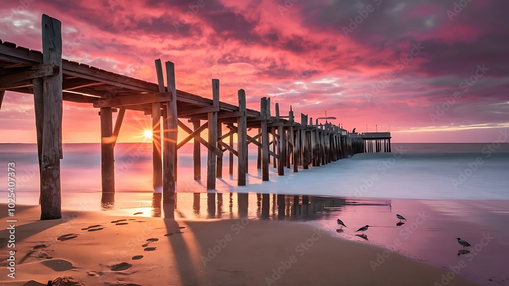 Naklejka premium Carrasqueira old wooden pier at sunset, Soain