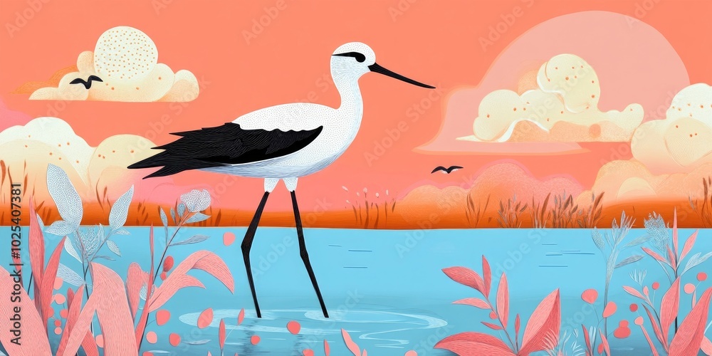 Fototapeta premium Black-winged stilt (Himantopus himantopus) in a wetland nature reserve setting, Black-winged stilt in a wetland reserve environment
