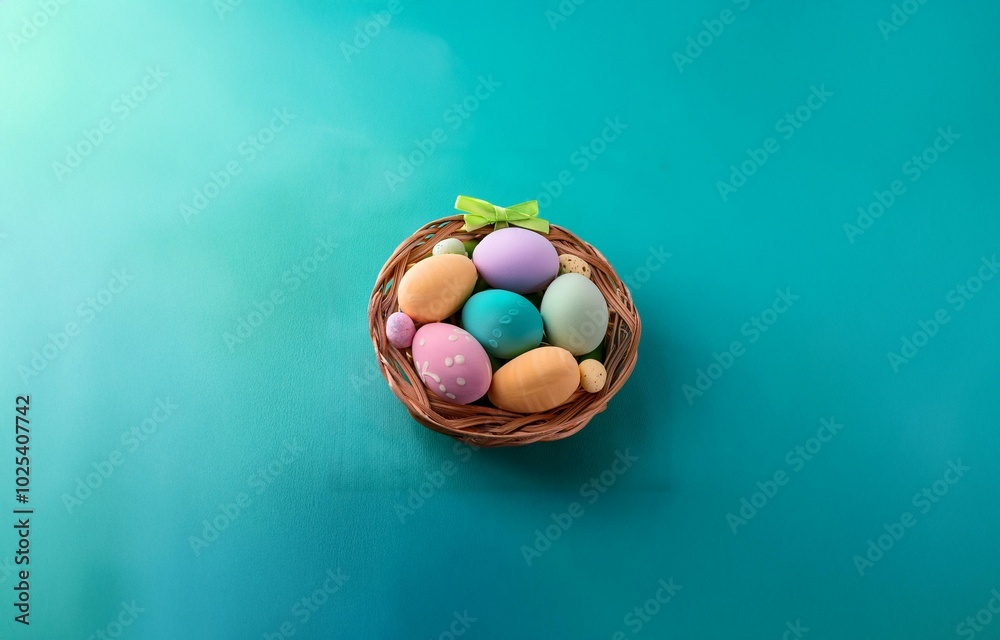 A wicker basket filled with colorful Easter eggs sits on a teal background. A wicker basket filled with colorful Easter eggs sits on a teal background.