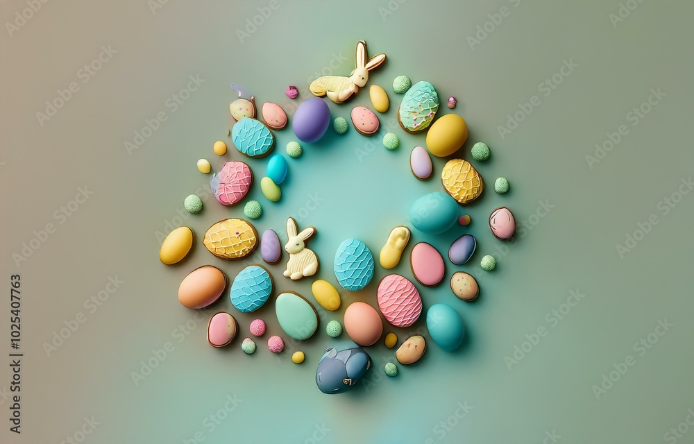 Pastel colored Easter eggs and bunny cookies arranged in a circle on a soft green background. Pastel colored Easter eggs and bunny cookies arranged in a circle on a soft green background.