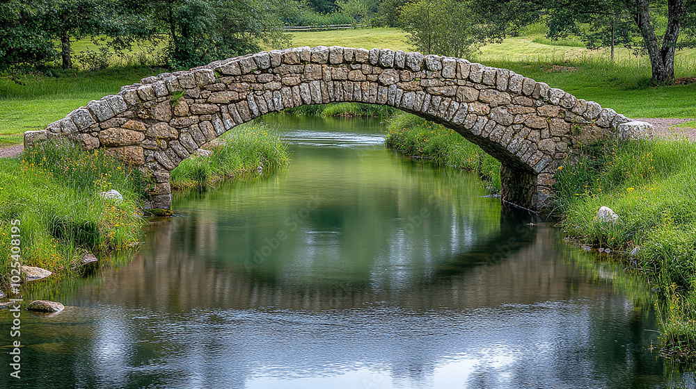 Weathered stone bridge crossing over a calm river Weathered stone bridge crossing over a calm river