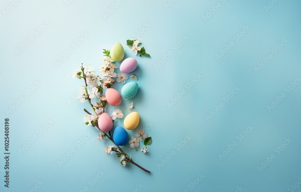 Pastel colored eggs and blooming branches on a light blue background. Pastel colored eggs and blooming branches on a light blue background.