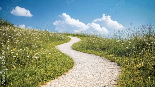 Winding gravel path leads up a hill through a field of wildflowers and tall grass on a bright sunny day with blue sky and fluffy clouds.