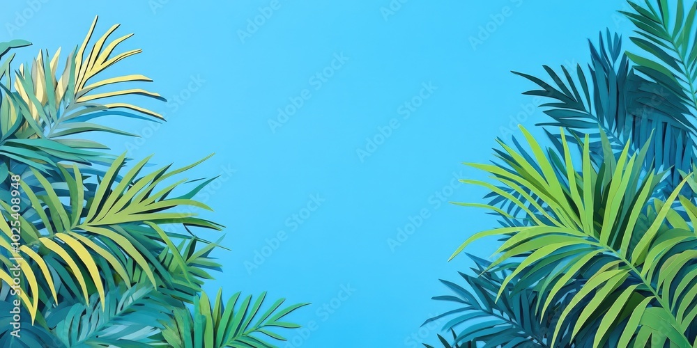 Palm fronds against a clear blue sky backdrop, Palm leaves against a bright blue sky background Palm fronds against a clear blue sky backdrop, Palm leaves against a bright blue sky background