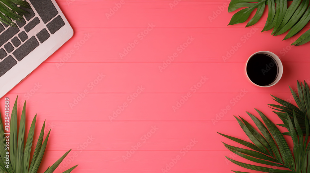 A vibrant workspace featuring a laptop, coffee cup, and green leaves on a pink background, creating a refreshing and inspiring productivity atmosphere.