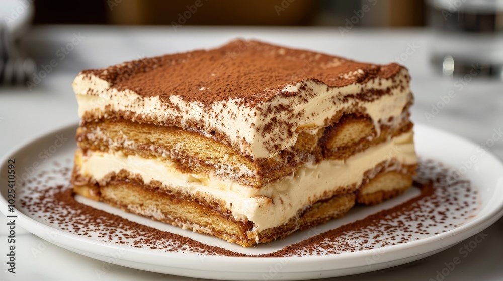 Decadent Tiramisu Slice with Layers of Mascarpone and Cocoa Dusting Decadent Tiramisu Slice with Layers of Mascarpone and Cocoa Dusting