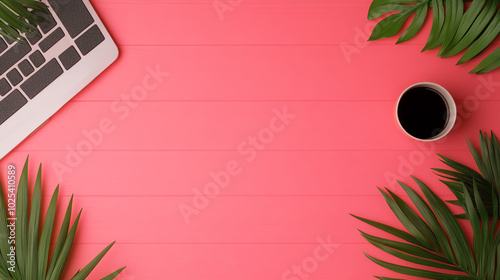 Obraz na płótnie A vibrant workspace featuring a laptop, coffee cup, and green leaves on a pink background, creating a refreshing and inspiring productivity atmosphere. w salonie