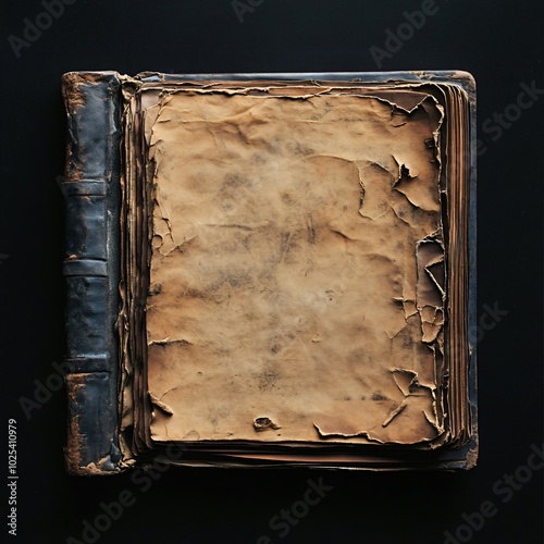 Aged parchment book cover with vintage grunge texture, blank page, and torn edges, isolated on white background photo