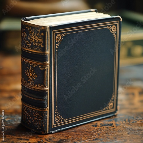 Aged leather-bound book with worn cover, blank pages, and a vintage feel