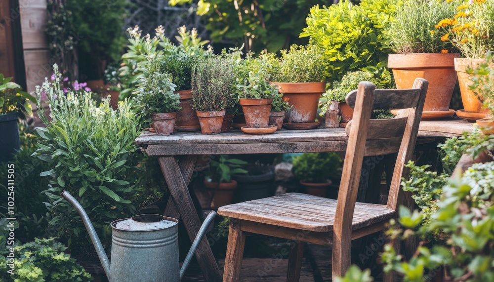 Rustic Garden Patio with Chair and Watering Can. Rustic Garden Patio with Chair and Watering Can.