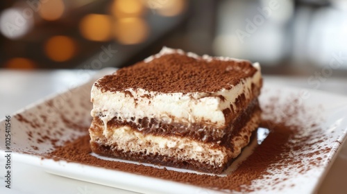 Sumptuous Tiramisu Slice with Espresso Layers and Cocoa Dusting