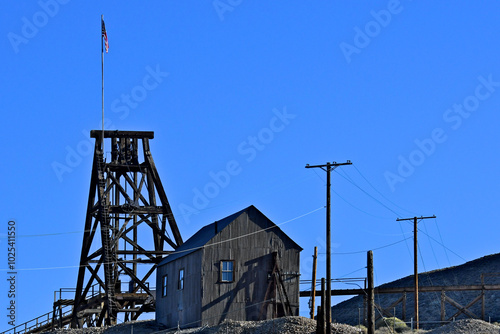 Derelict Headframe and old mining shack from bygone era, Tonopah, Nevada photo