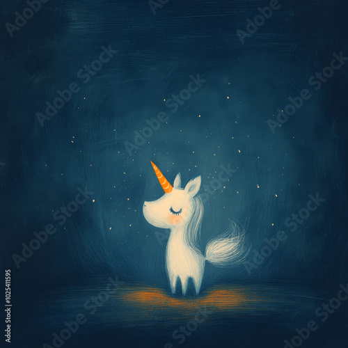 A magical illustration of a white unicorn glowing in the dark night, surrounded by tiny stars. Perfect for fantasy-themed designs, children’s books, or mystical projects.