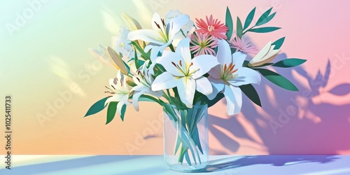 Fresh flower bouquet featuring white lilies, eustoma, and aster arranged in a glass vase illuminated by sunlight