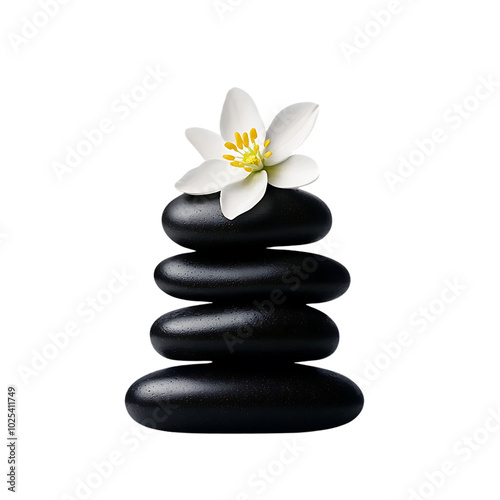 Stacked black stones with a white flower on top, Transparent background.