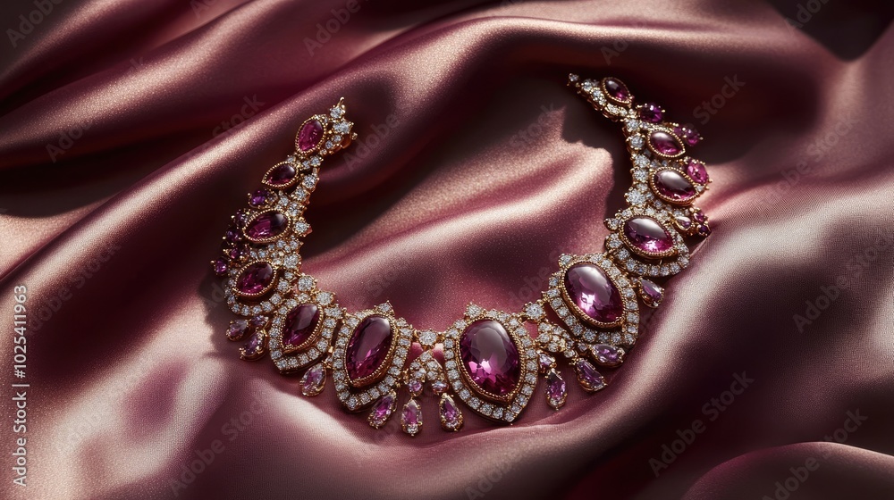 Elegant Pink Jewelry on Luxurious Silk Fabric Elegant Pink Jewelry on Luxurious Silk Fabric