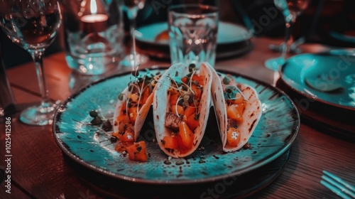 Close-up of Three Tacos on a Teal Plate with Sprouts