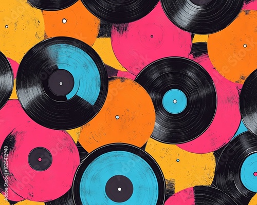 Seamless pattern of colorful retro vinyl records, evoking nostalgia with vibrant hues and intricate details, perfect for capturing the timeless appeal of classic analog music photo