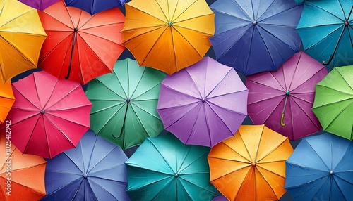 Seamless pattern of colorful rainbow umbrellas, capturing the whimsy and vibrancy of rainy day walks in bustling city streets, perfect for cheerful designs