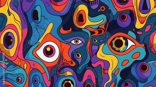 Vintage Psychedelic Facial Illustrations – Colorful Doodle Backgrounds