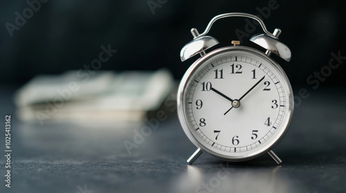 Time is precious, symbolized by alarm clock in foreground, with dollar bills subtly blurred in background, evoking thoughts of money and urgency