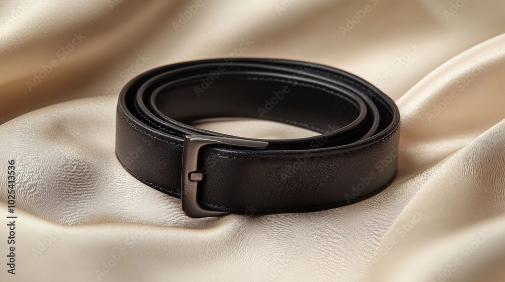 Elegant Black Leather Belt on Smooth Fabric Elegant Black Leather Belt on Smooth Fabric
