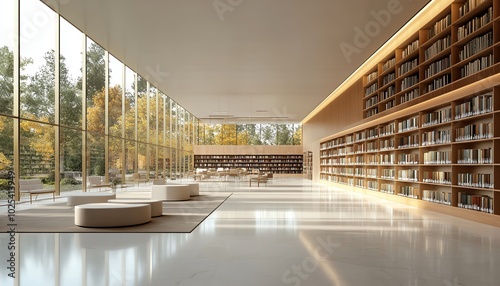 Fototapeta Naklejka Na Ścianę i Meble -  Contemporary public library interior with an open gallery area, empty walls for exhibits, stylish lighting, and organized reading spaces, 3D rendering