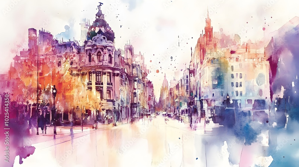 Fototapeta premium Watercolor painting of a European city street with buildings