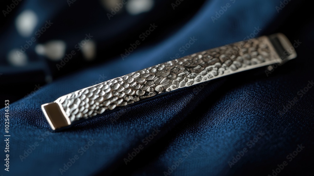 Elegant Silver Tie Clip on Dark Fabric Background Elegant Silver Tie Clip on Dark Fabric Background