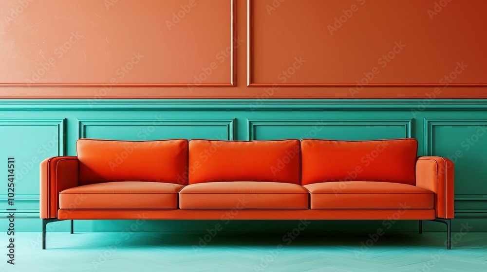 Vibrant Minimalist Oasis: Terra Cotta Sofa and Turquoise Wall Panels Vibrant Minimalist Oasis: Terra Cotta Sofa and Turquoise Wall Panels
