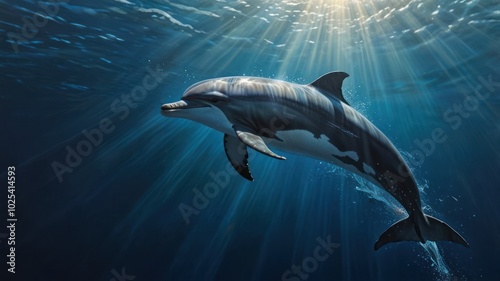 A dolphin swims through the ocean with sun rays shining down.